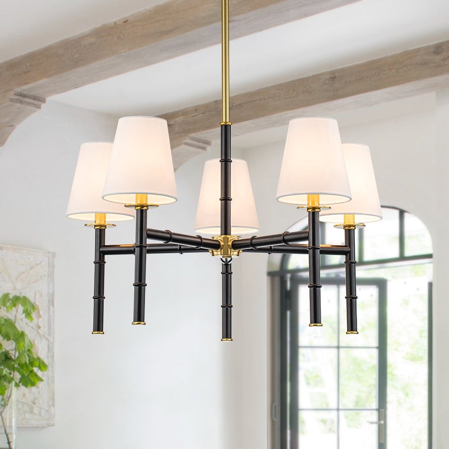 5-Light Classic White Linen Shade Chandelier - 28in Black Brass