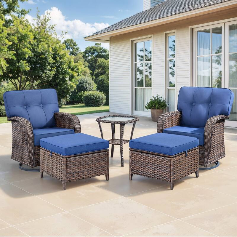 Gymojoy 5-Piece Outdoor Wicker Swivel Chair Set with Ottomans & Side Table, 5" Thick Cushions - Brown Wicker / Blue Cusion - 5-Piece