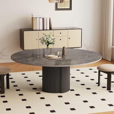 59" Modern Round Dining Table for 6-8, Glossy White Sintered stone Table top, Steel Grille column base