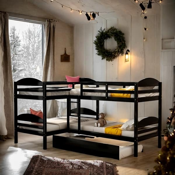 slide 2 of 15, Artsy Twin Size L-Shaped Bunk bed with Trundle and Full-length Guardrail, 5 Beds in 1, Maximized space, Espresso Espresso