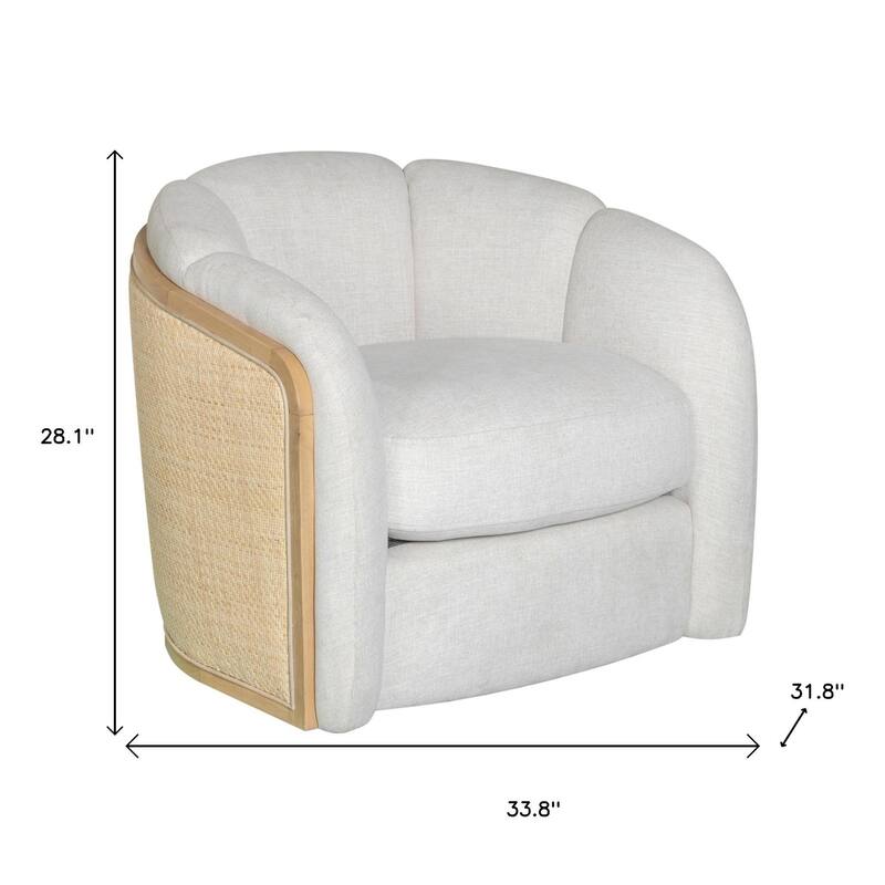 HomeRoots 34" Off White and Natural Fabric Wood And Rattan Swivel Arm Chair - 33.80 in. x 28.10 in. x 31.80 in.