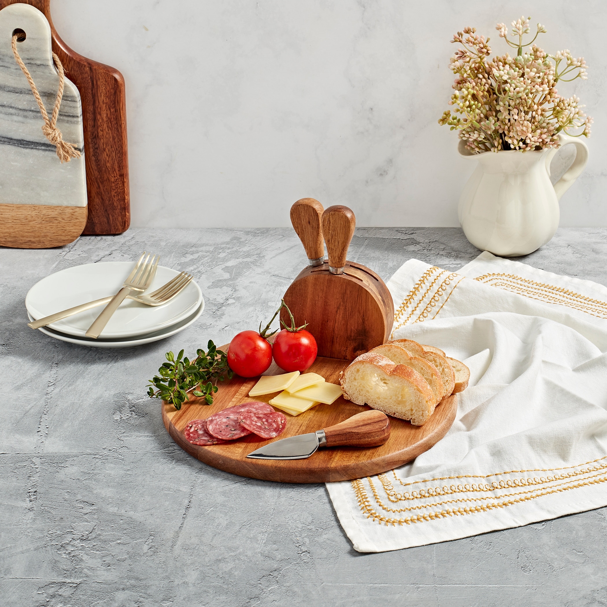 Tabletops Gallery 5-piece Acacia Wood Cheese Serving Set with Block & Knives