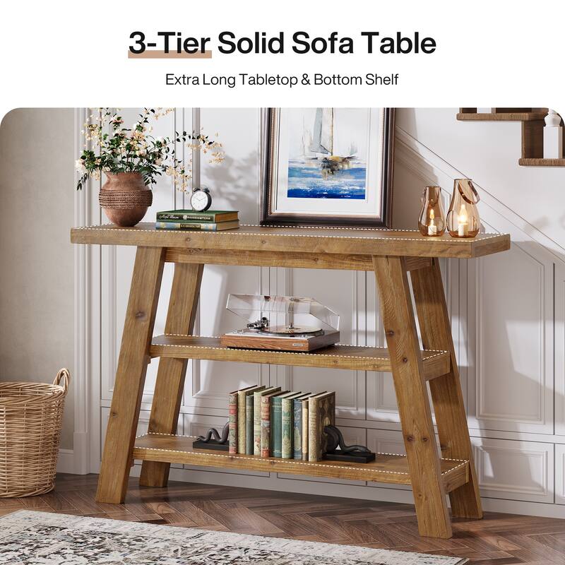 Solid Wood Console Table with 3-Tier Storage Shelves