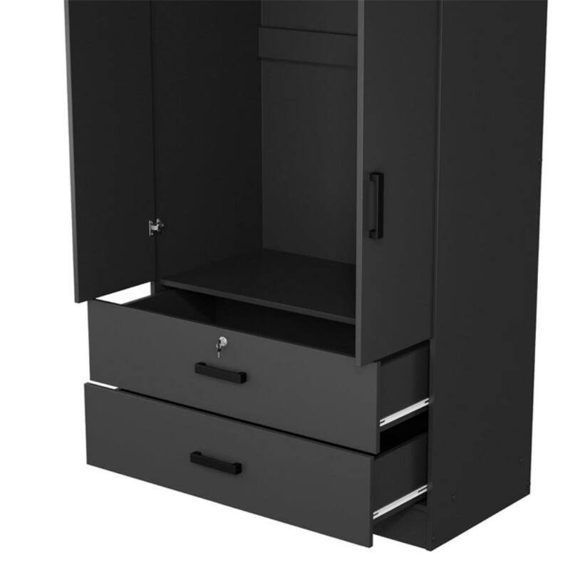 70.87"H Wood Black Wardrobe Closet with 2 Doors and 2 Drawers