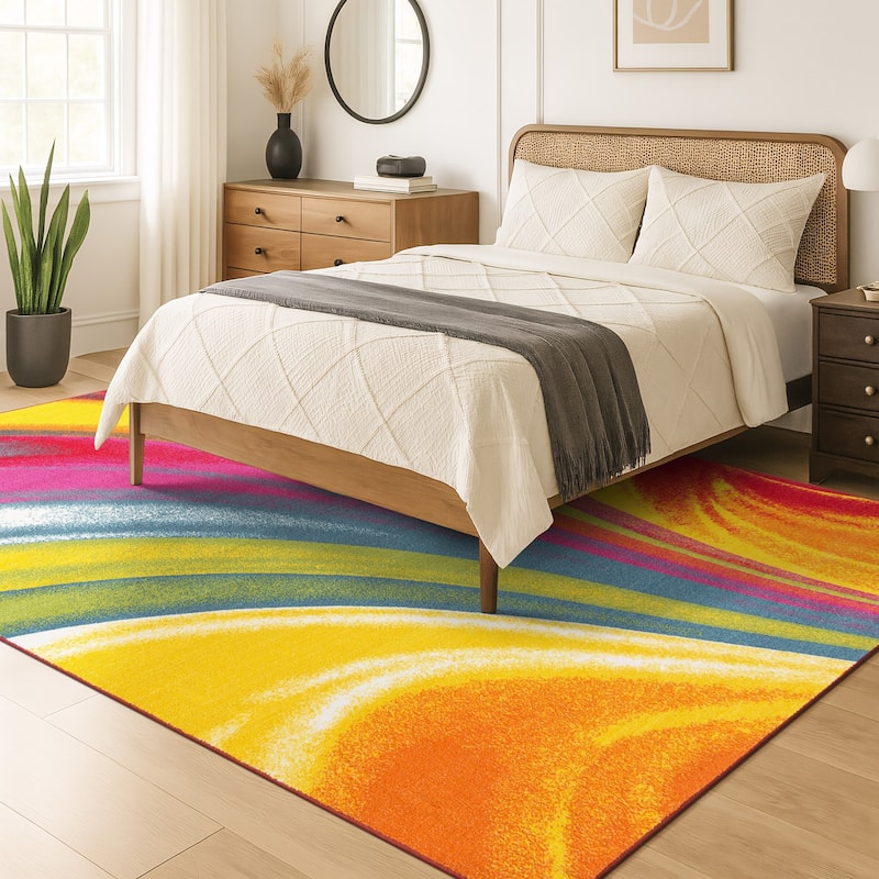 World Rug Gallery Modern Contemporary Waves Multicolored Non-slip Non-skid Area Rug