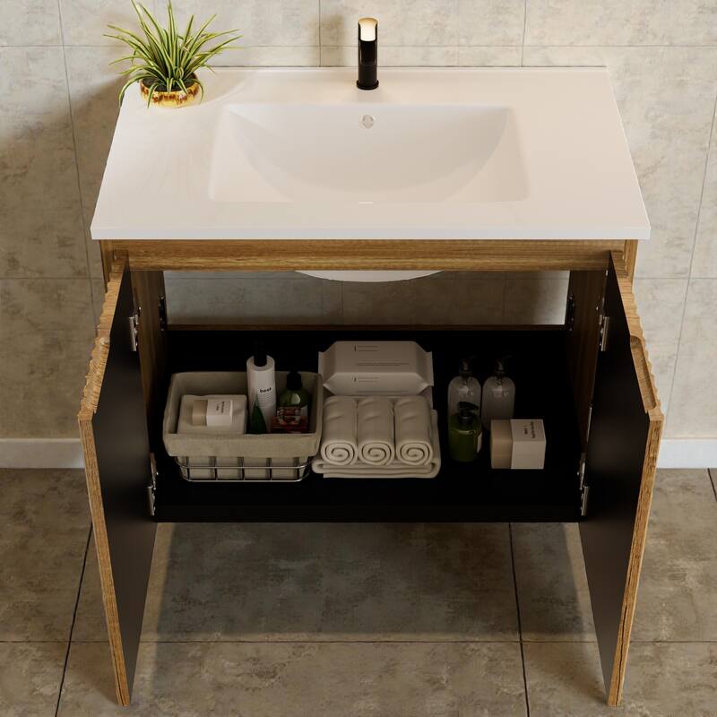 30 Inch Folding Wall Cabinet with Ceramic Sink, Patented 1-Minute Install, Space-Saving Modern Bathroom Cabinet
