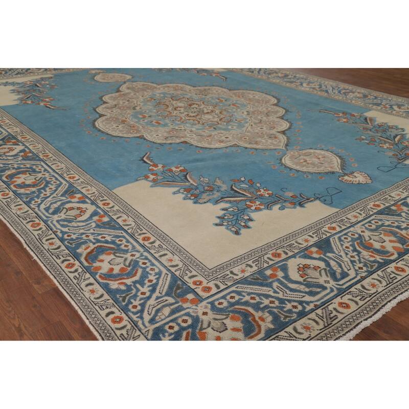 Blue Tabriz Vintage Persian Area Rug Handmade Traditional Wool Carpet - 9'7" x 12'8"