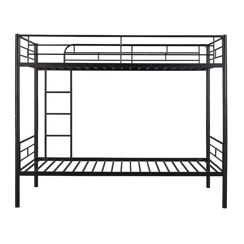 Black Twin over Twin Size Metal Bunk Bed with Fence and Ladder for Kids, Bedroom