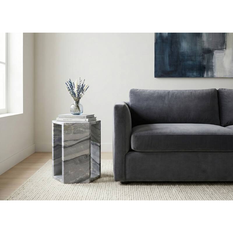 Roomfitters Luxury Natural Marble Hexagon Side Table, Solid Stone Geometric Pedestal End Table, Polished Finish