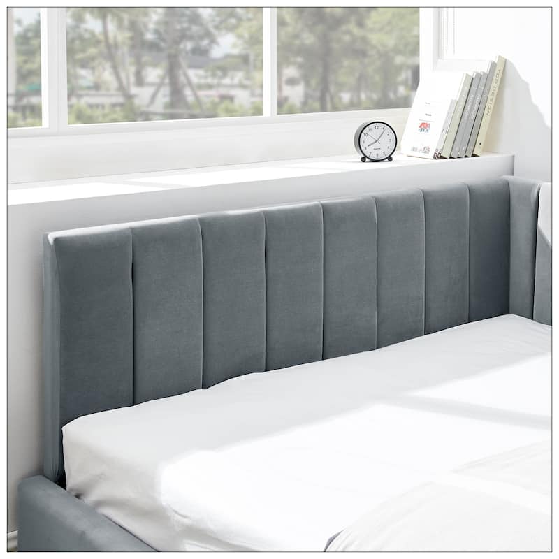 Full Size Upholstered Tufted Bed Frame with Comfortable Backrest and Armrests