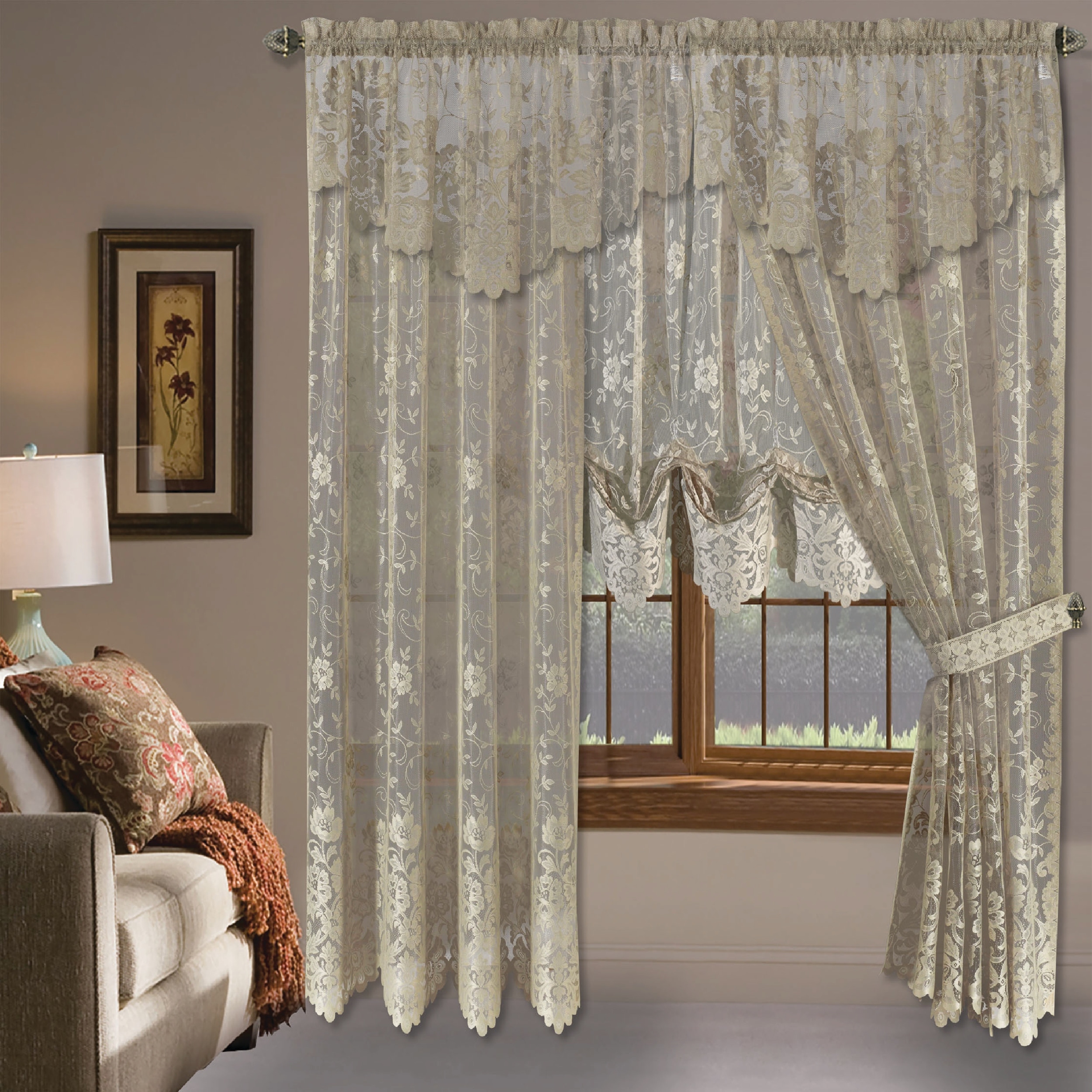 Window Curtains Embroidered Sheer Voile Drapes Living Room Door Gold Lace Blinds 