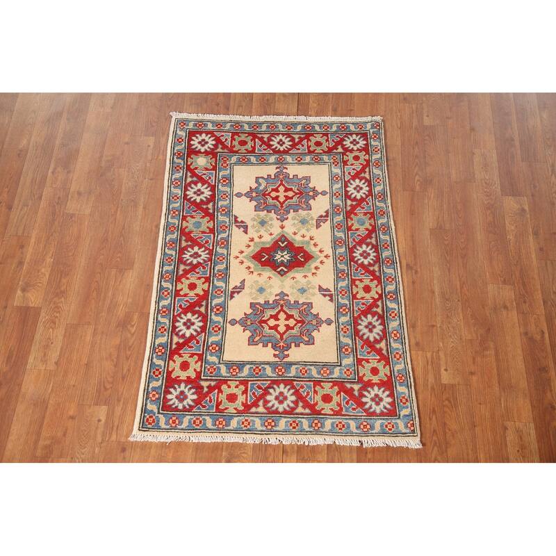 Geometric Grey Kazak Foyer Rug Hand-Knotted Wool Carpet - 2'6" x 3'11"