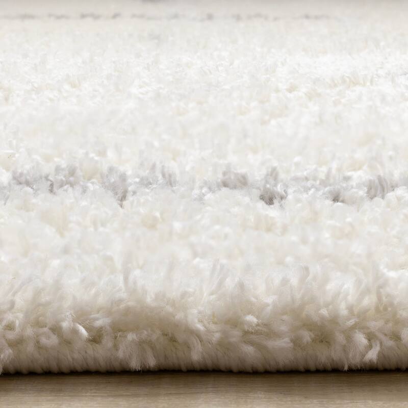 Cream Gray Neutral Lines Soft Shag Area Rug, 5'3" x 7'7"