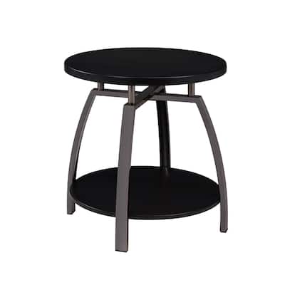 Dyn 23 Inch Round End Table, Open Shelf, Grayish Black Top, Gray Metal Legs