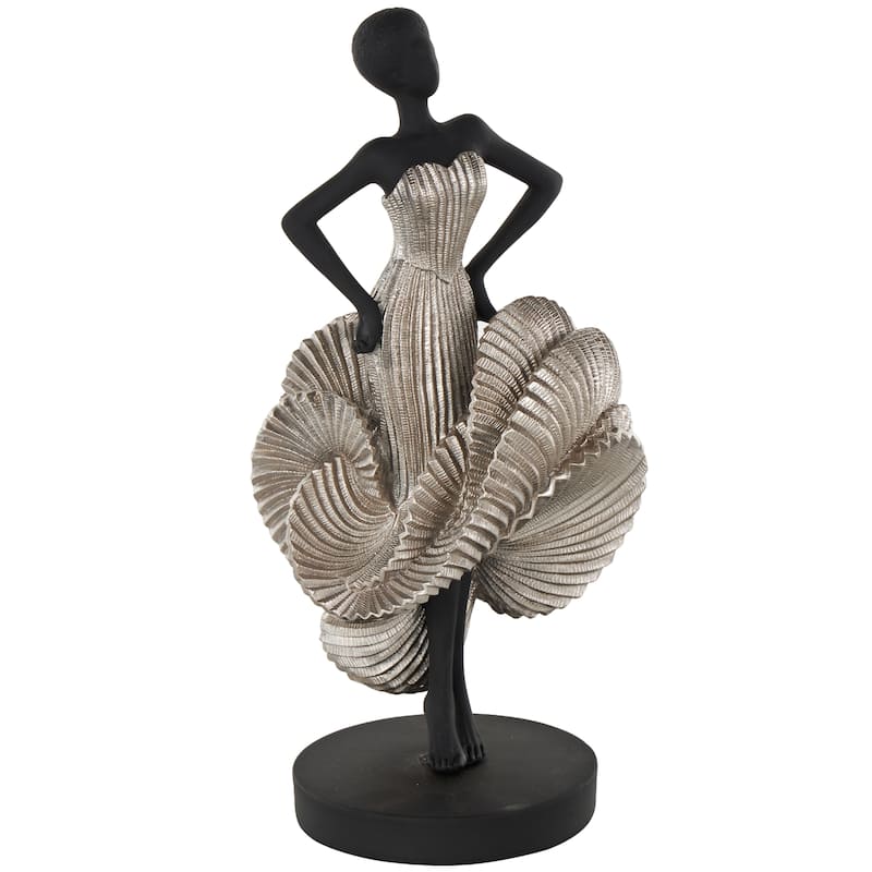 Black Polyresin Dancer Decorative Sculpture with Silver Dress - 6"W x 6"L x 14"H
