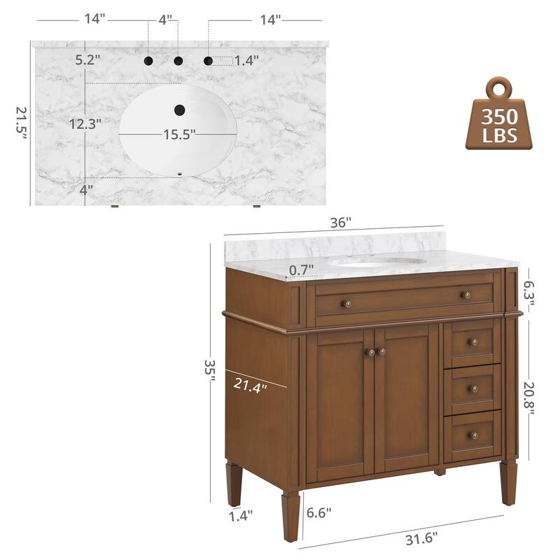 36/48/60 in. Bathroom Vanity with Ceramic Undermount Sink, Wood Cabinet, and storage drawers