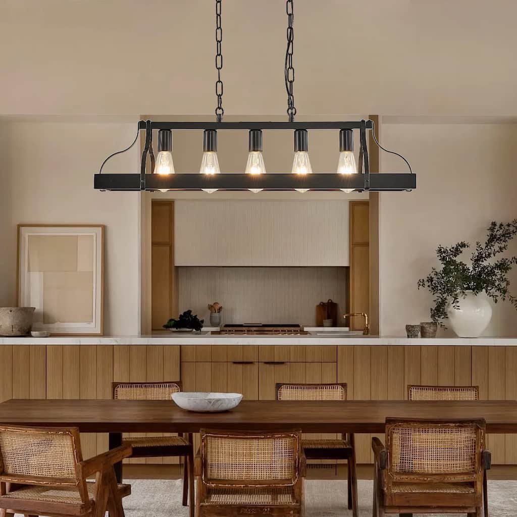 34" Linear Industrial Pendant Light – 5-Bulb Adjustable Farmhouse Chandelier for Kitchen Islands (Bulbs Not Included)