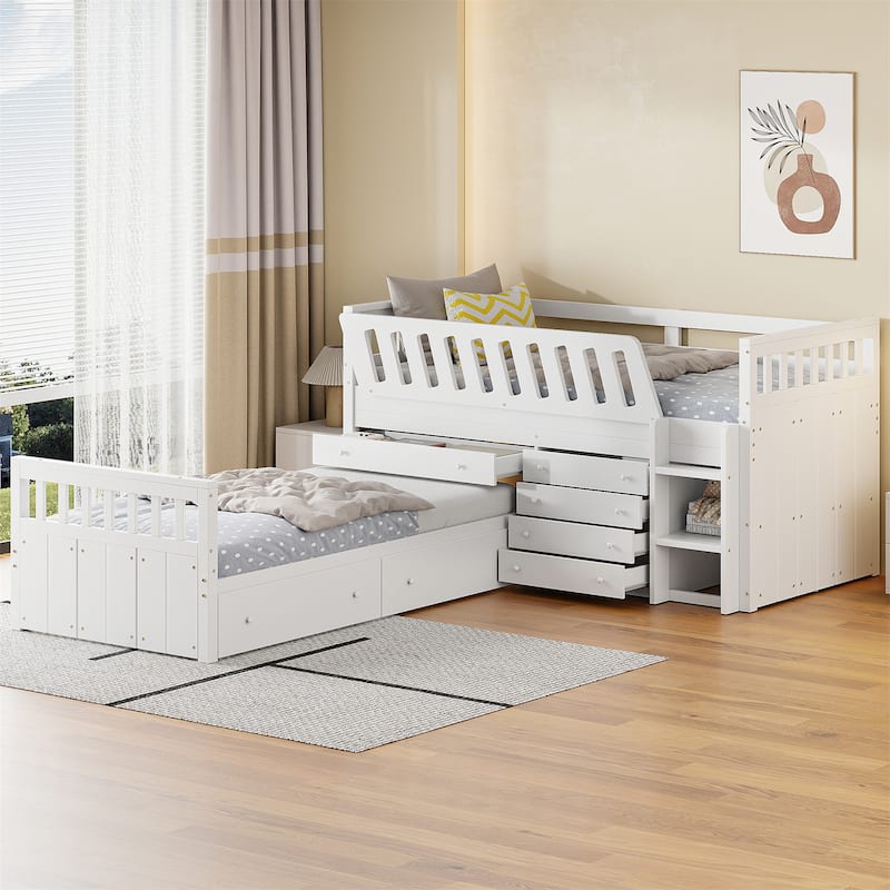 L-shaped Space-Saving Twin Loft and Twin Platform Bed with 7 Drawers - White