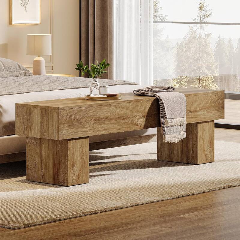 63" Entryway Bench, Rustic Farmhouse End of Bed Bench for Hallway, Living Room, End of Bed, Light Brown - Light Brown