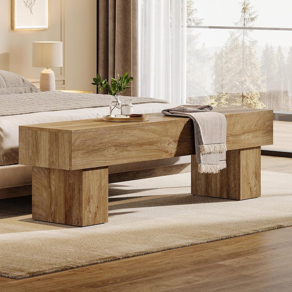 63" Entryway Bench, Rustic Farmhouse End of Bed Bench for Hallway, Living Room, End of Bed, Light Brown