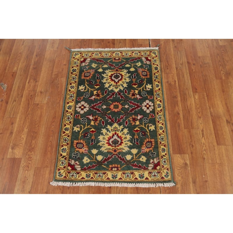 Green Floral Kazak Oriental Foyer Rug Hand-Knotted Wool Carpet - 2'0" x 3'0"