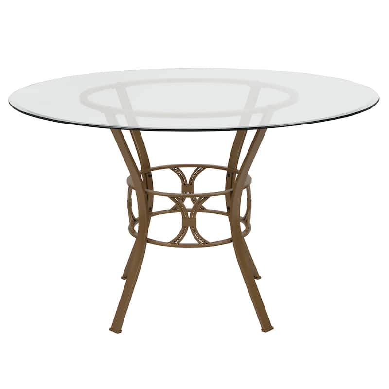 48'' Round Glass Dining Table with Crescent Style Metal Frame - 48"W x 48"D x 29.5"H - 48"W x 48"D x 29.5"H