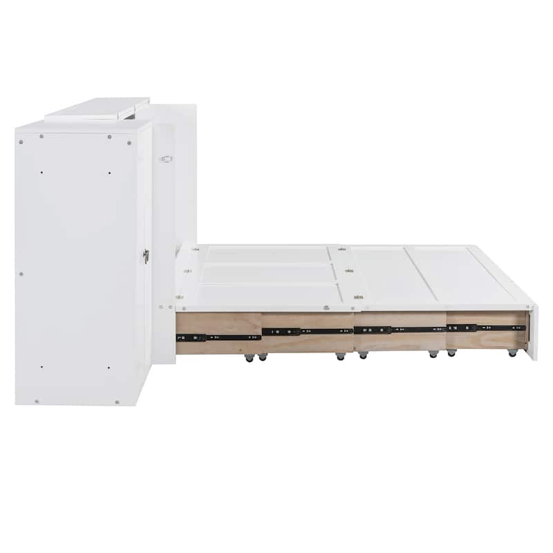 Queen Murphy Bed with Built-In Desk, Wardrobe, USB Charging, and Spacious Storage Drawer, Multifunctional Cabinet Bed
