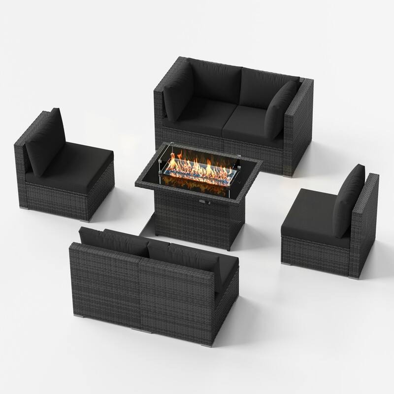 7 Piece Outdoor Sectional Modular Wicker Patio Conversation Set with 43'' Fire Pit Table and Cushion