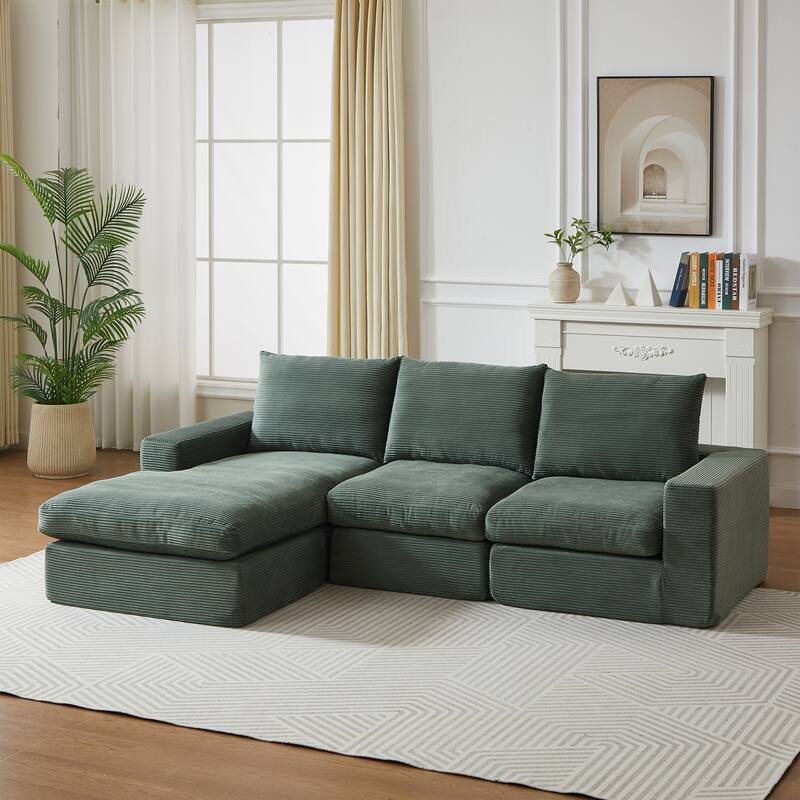 Roomfitters 99" L-Shaped Corduroy Upholstered Sectional Sofa, Modern 3-Seater Sectional Couch with Pillows, Living Room, Green