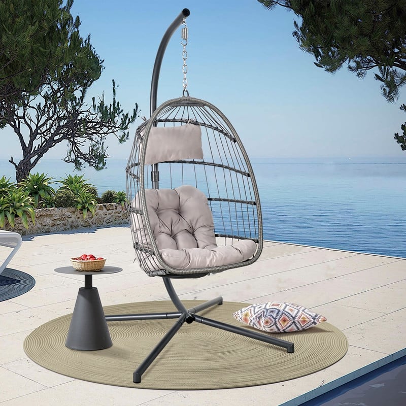 Rattan Egg Chair with Stand,350LBS Hanging Swing for Patio & Indoor