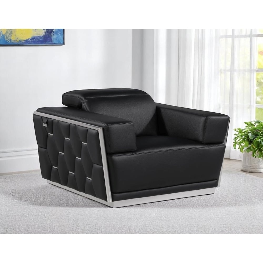 HomeRoots 47" Black and Silver Italian Leather Club Chair - 47 in. x 40 in. x 43 in.