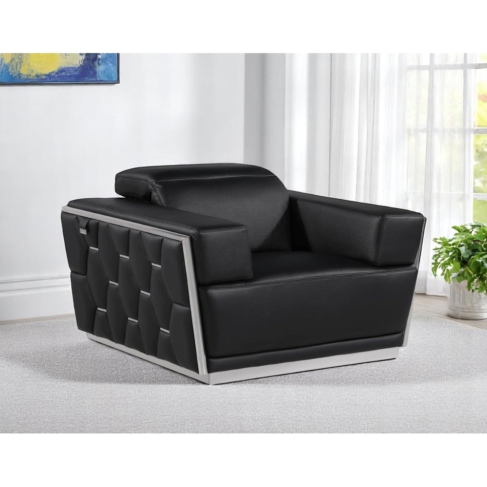 HomeRoots 47" Black and Silver Italian Leather Club Chair - 47 in. x 40 in. x 43 in.
