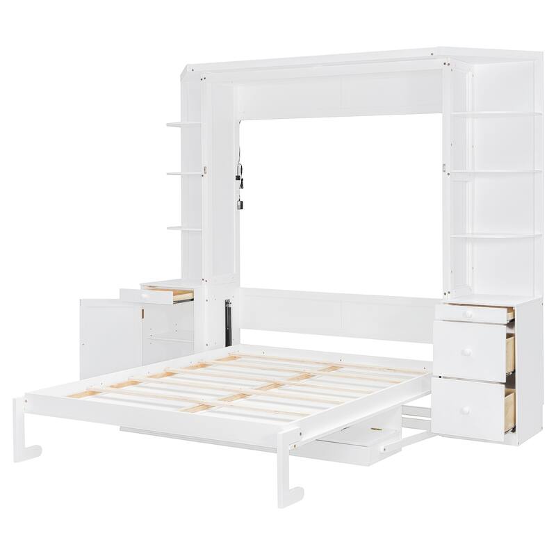 Queen Murphy Bed with Desk & Storage - Hidden Wall Bed with Cabinets and Shelves for Home Office, Includes Lighting