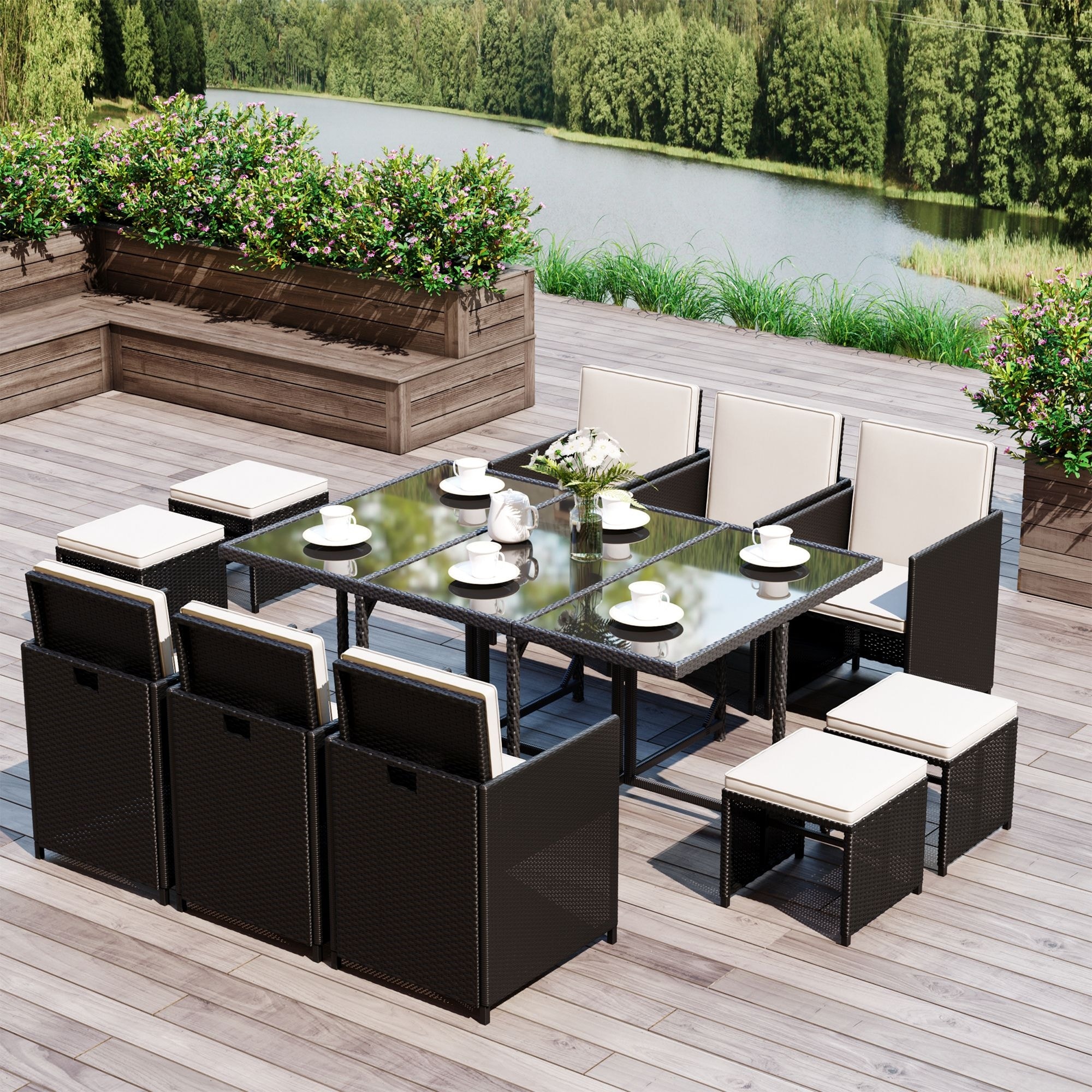 Outsunny 11 Piece Rattan Patio Furniture Set with 6 Rattan Chairs 1 Outdoor Dining Table and 4 Outdoor Ottomans Bed Bath Beyond 18109332