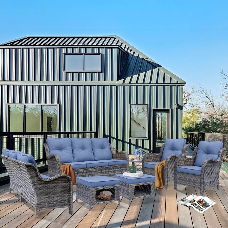 High Back Wicker 7 Piece Outdoor Patio Furniture Seating Sofa Set