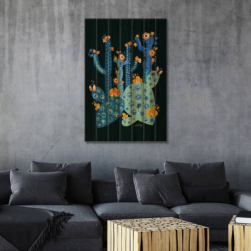 Blue Charcoal - Cactus Garden Acrylic Print On Wood by Cat Coquillette - Multi-Color