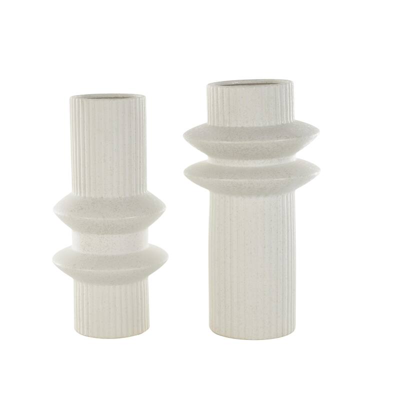 Ceramic Abstract Ribbed Decorative Vase with Speckled Texturing - Set of 2 White - Roche River Decor - White