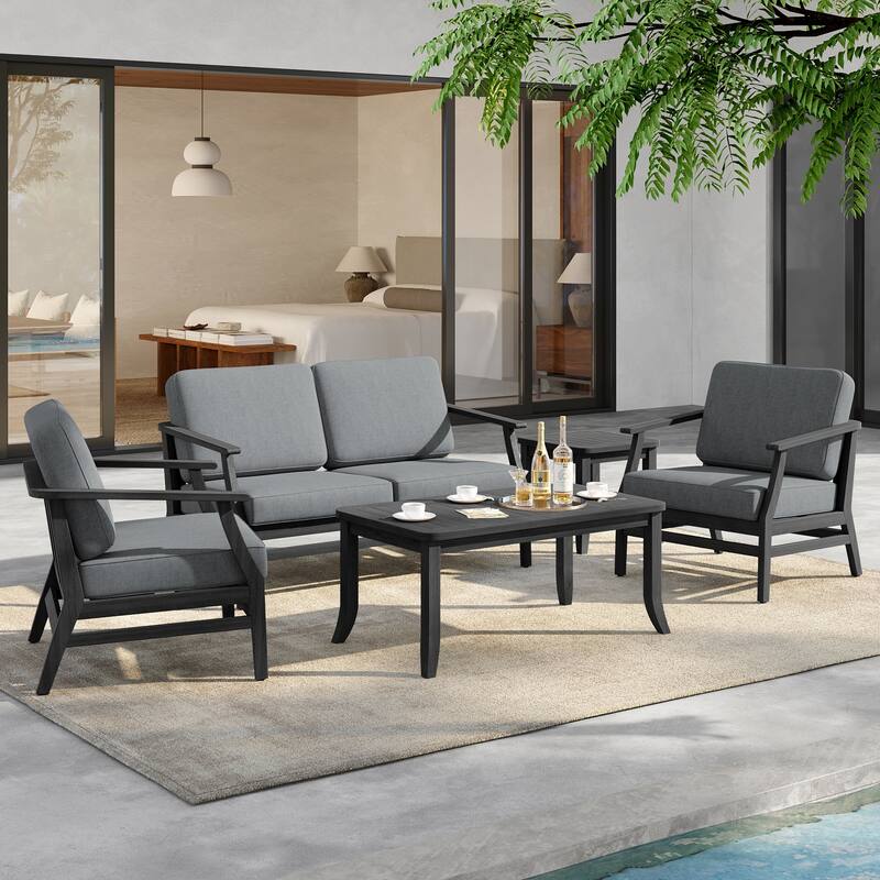 5-Piece Outdoor Teak Wood Patio Conversation Set with Cushions - BlackFrame-Grey