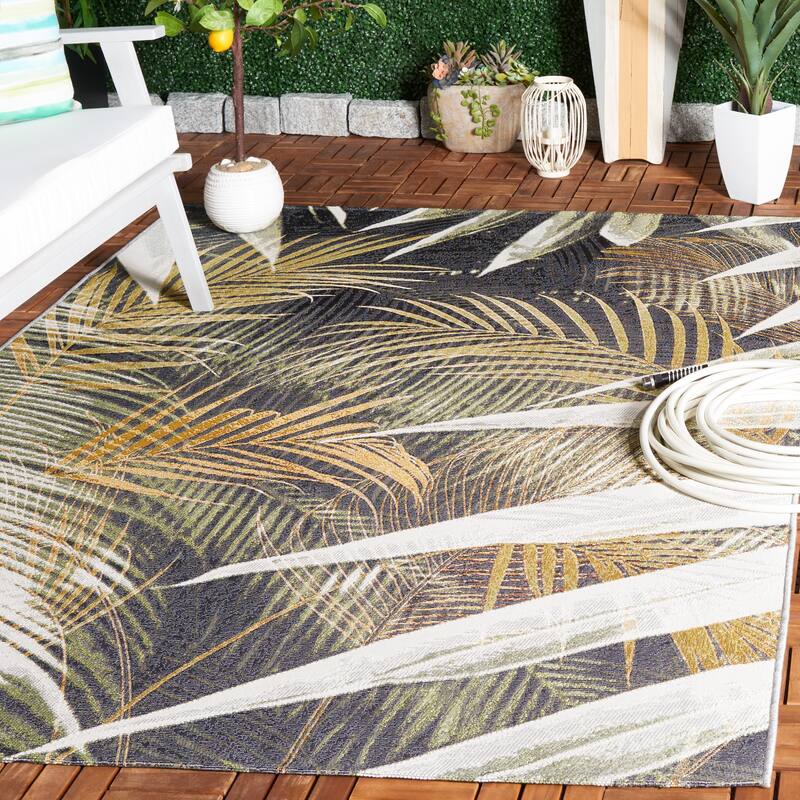 SAFAVIEH Barbados Bernadeta Tropical Botanical Waterproof Patio Backyard Rug - 8' x 10'5" - Black Green/Gold