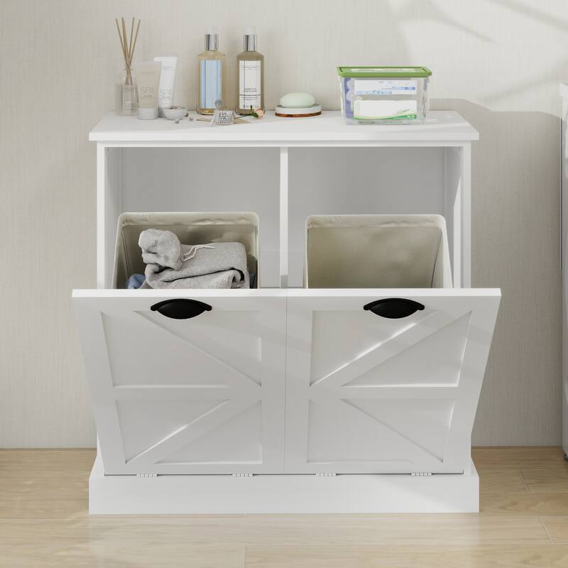 Modern Laundry Sorter Cabinet with Two Compartments and Removable Cloth Bags