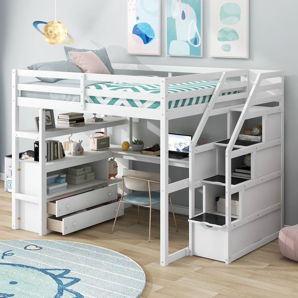 Full Size Loft Bed with Desk, Shelves, Drawers, and Storage Staircase in White