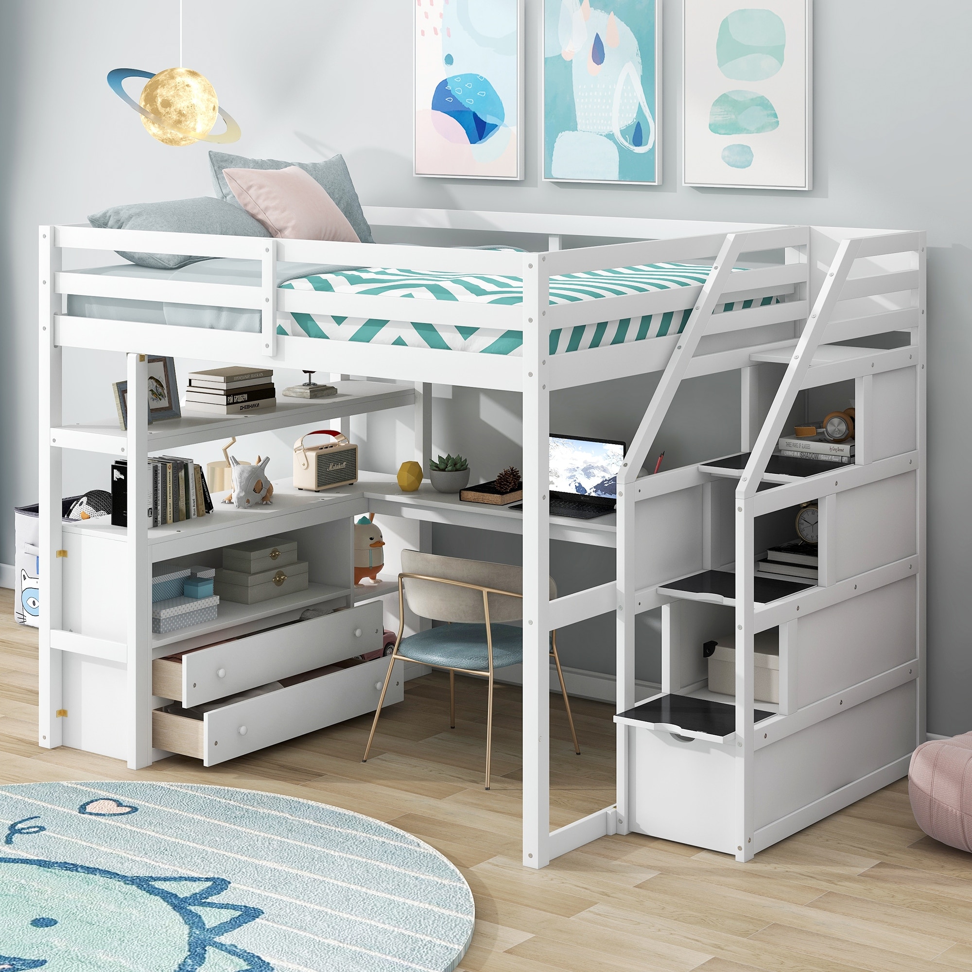 Full Size Loft Bed with Desk and Shelves, Simple and Stylish Solid Pine Wood Bed Frame w/2 Built-in Drawers, Storage Staircase