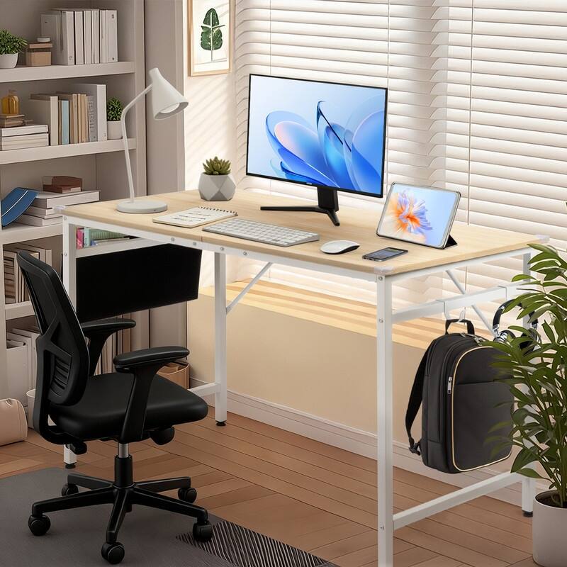 47.2” Computer Desk for Home Office - Study Writing Desk with Storage, Side Hooks & Adjustable Feet - Oak