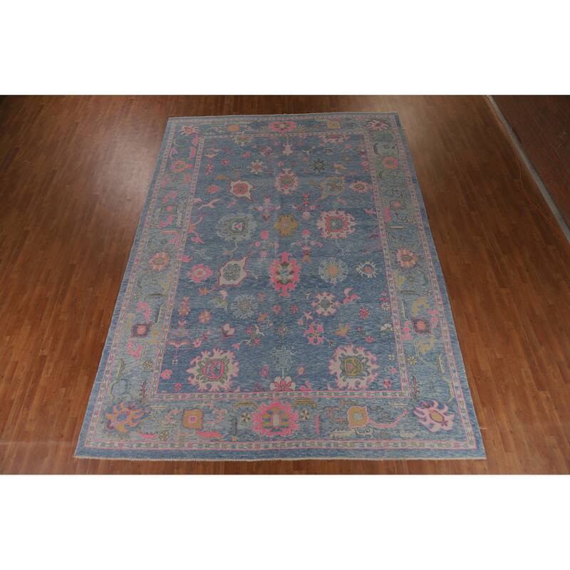 Hand Knotted Oriental 100% Wool Carpet Transitional All-Over Navy Blue & Blues Oushak Area Rug - 14' 0'' X 10' 1''