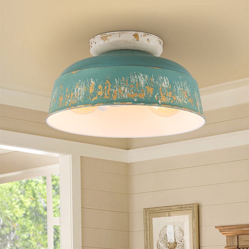 2-Light Farmhouse Semi Flush Mount Ceiling Light - Distressed Green and Gold