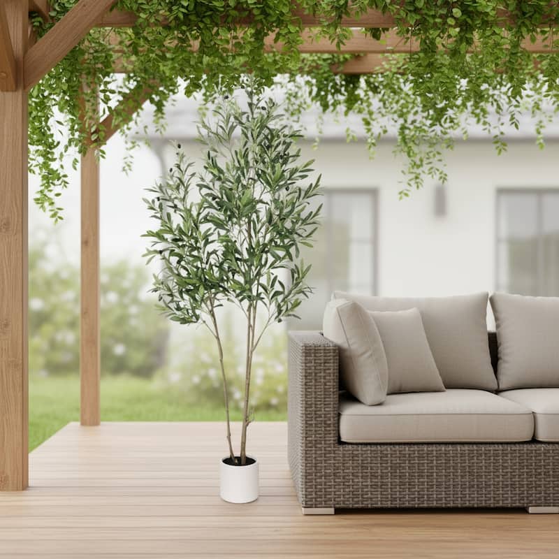 HomeRoots 71" Green Artificial Olive Tree in a White Pot - 7.48 in. x 70.87 in. x 8.27 in. - Green - 7.48 in. x 70.87 in.  x 8.27 in.