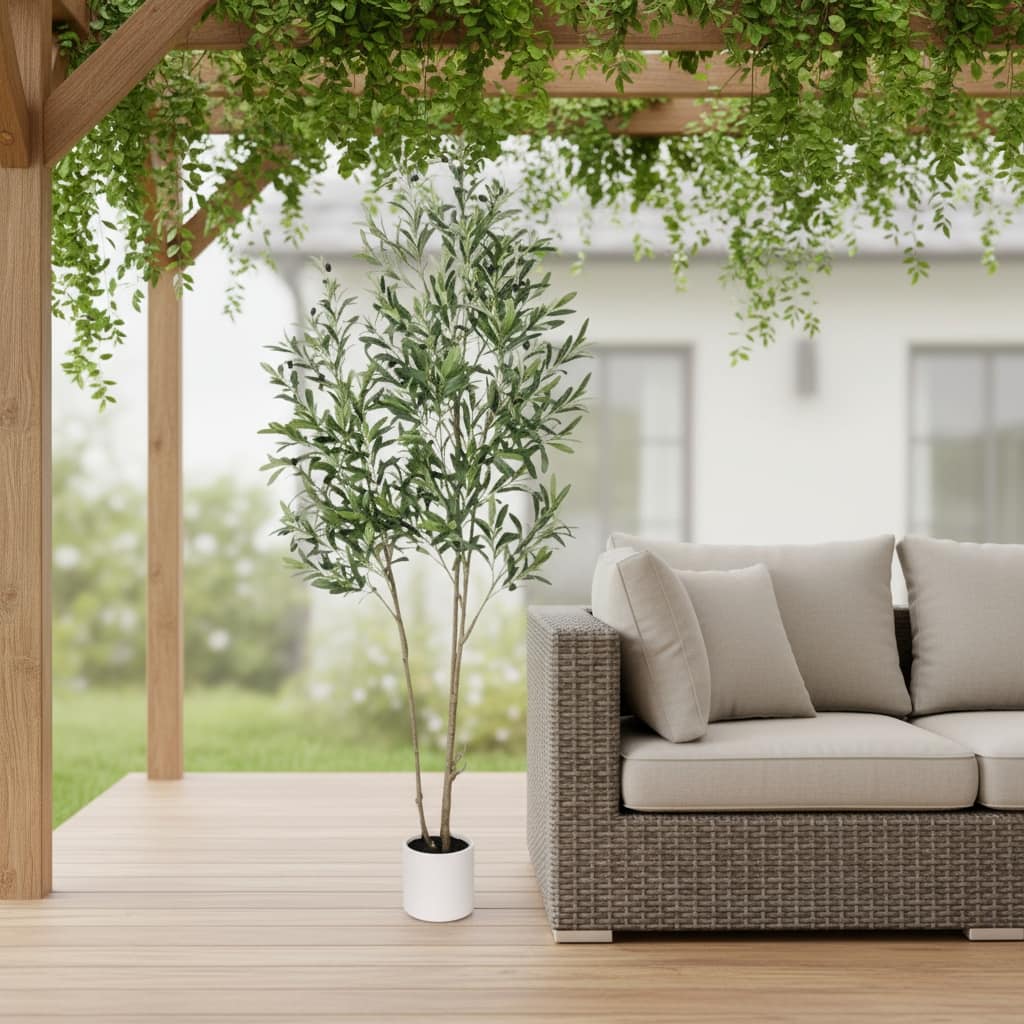 HomeRoots 71" Green Artificial Olive Tree in a White Pot - 7.48 in. x 70.87 in. x 8.27 in.