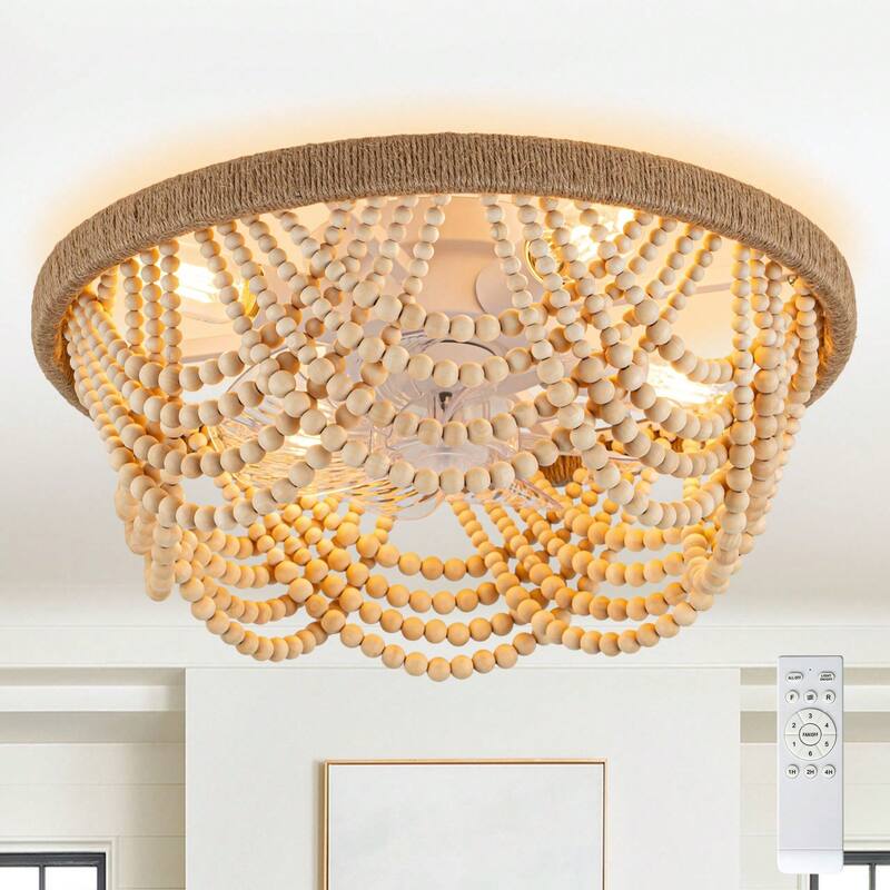 Cusp Barn 20" Boho Caged Ceiling Fan with Light and Remote, Flush Mount Low Profile Fandelier, Famhouse Wood Beaded Ceiling Fan - Natural