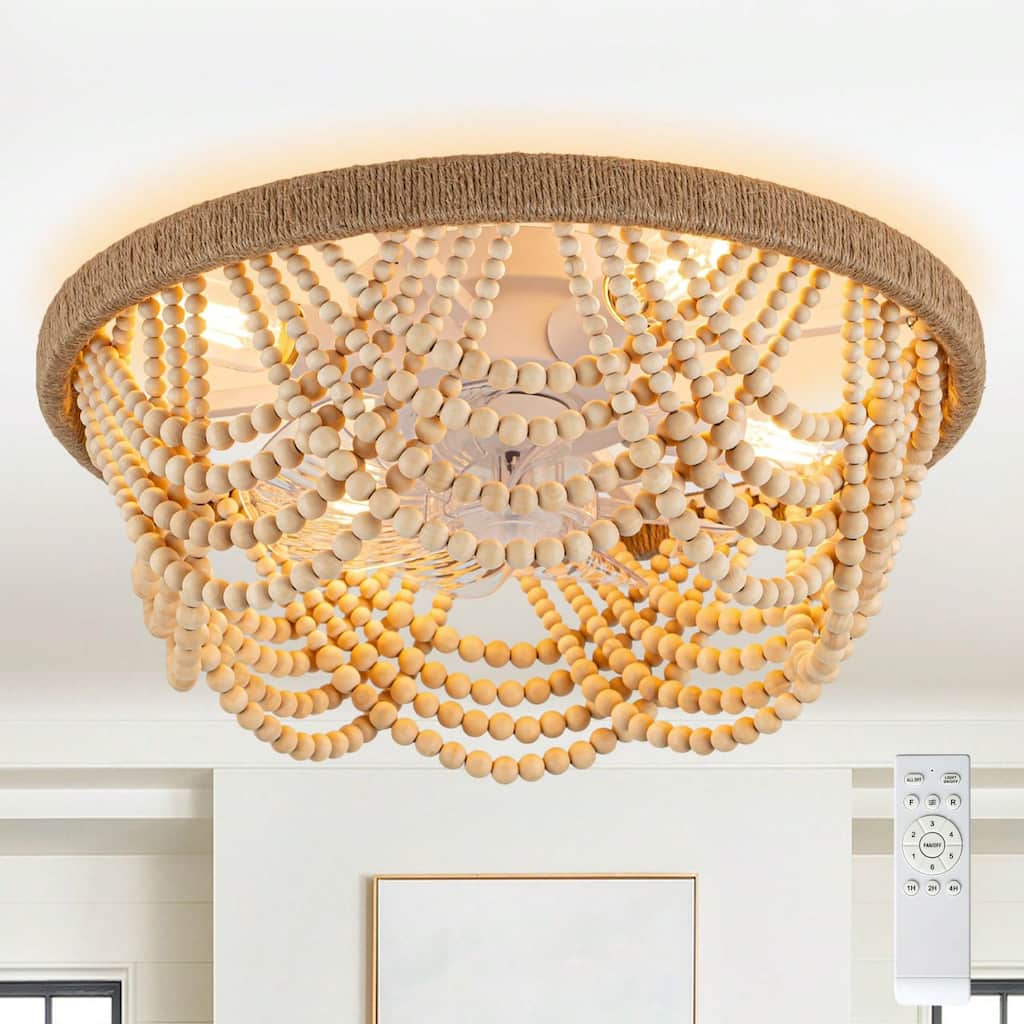 Cusp Barn 20" Boho Caged Ceiling Fan with Light and Remote, Flush Mount Low Profile Fandelier, Famhouse Wood Beaded Ceiling Fan