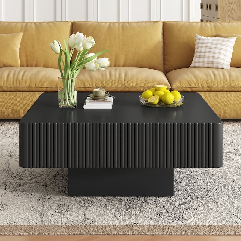 31.6" Elegant Square Fluted Coffee Table with 7.1" Thick Tabletop
